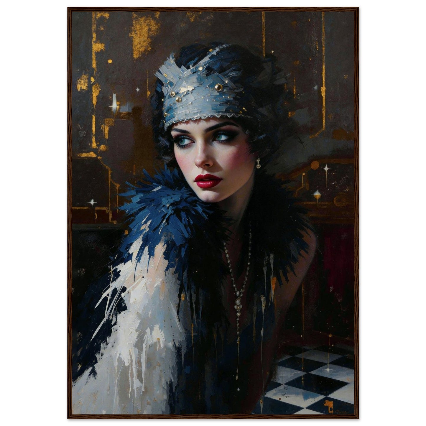 1920s Gatsby Flapper Painting Art Print - Speakeasy Prohibition Wall Decor 28x40″ Museum-Quality Matte Framed Poster - Dark Brown Wood