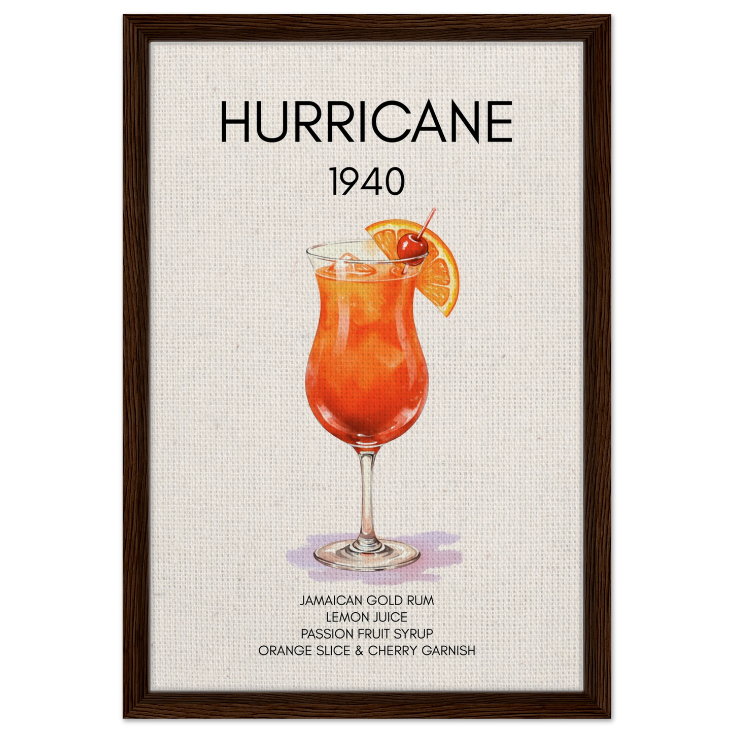 Hurricane Cocktail Bar Poster Print Dark Brown Wood Frame 40x60 cm 16x24″ Framed Canvas