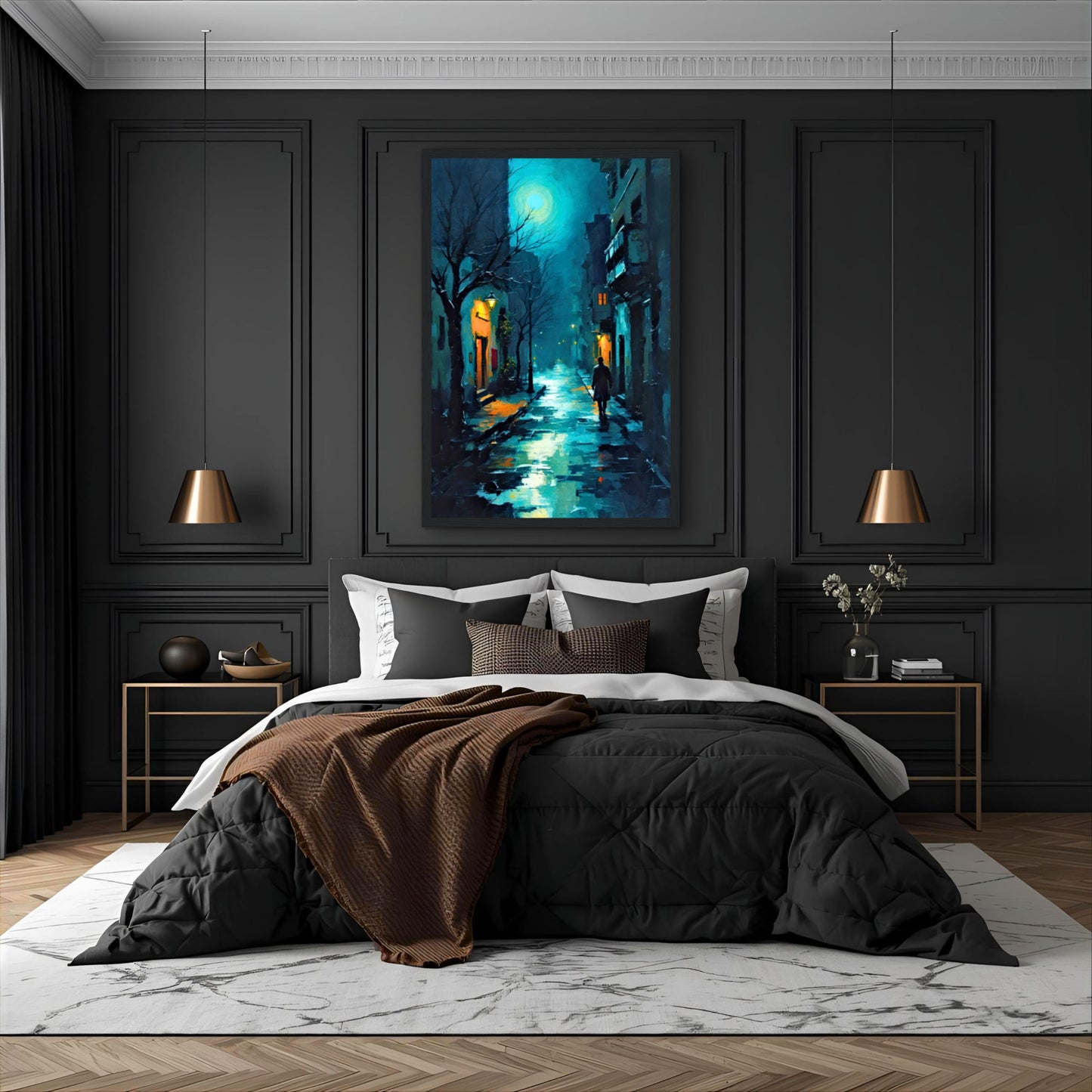 Blue Moon Night Street Scene Art Print