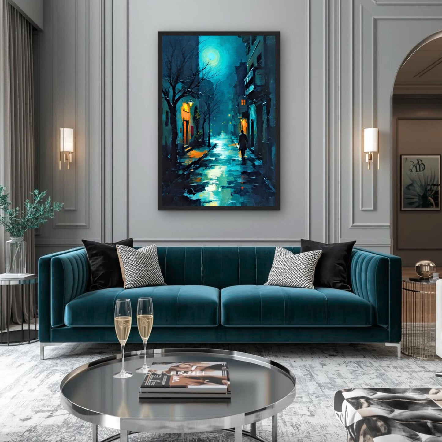 Blue Moon Night Street Scene Art Print