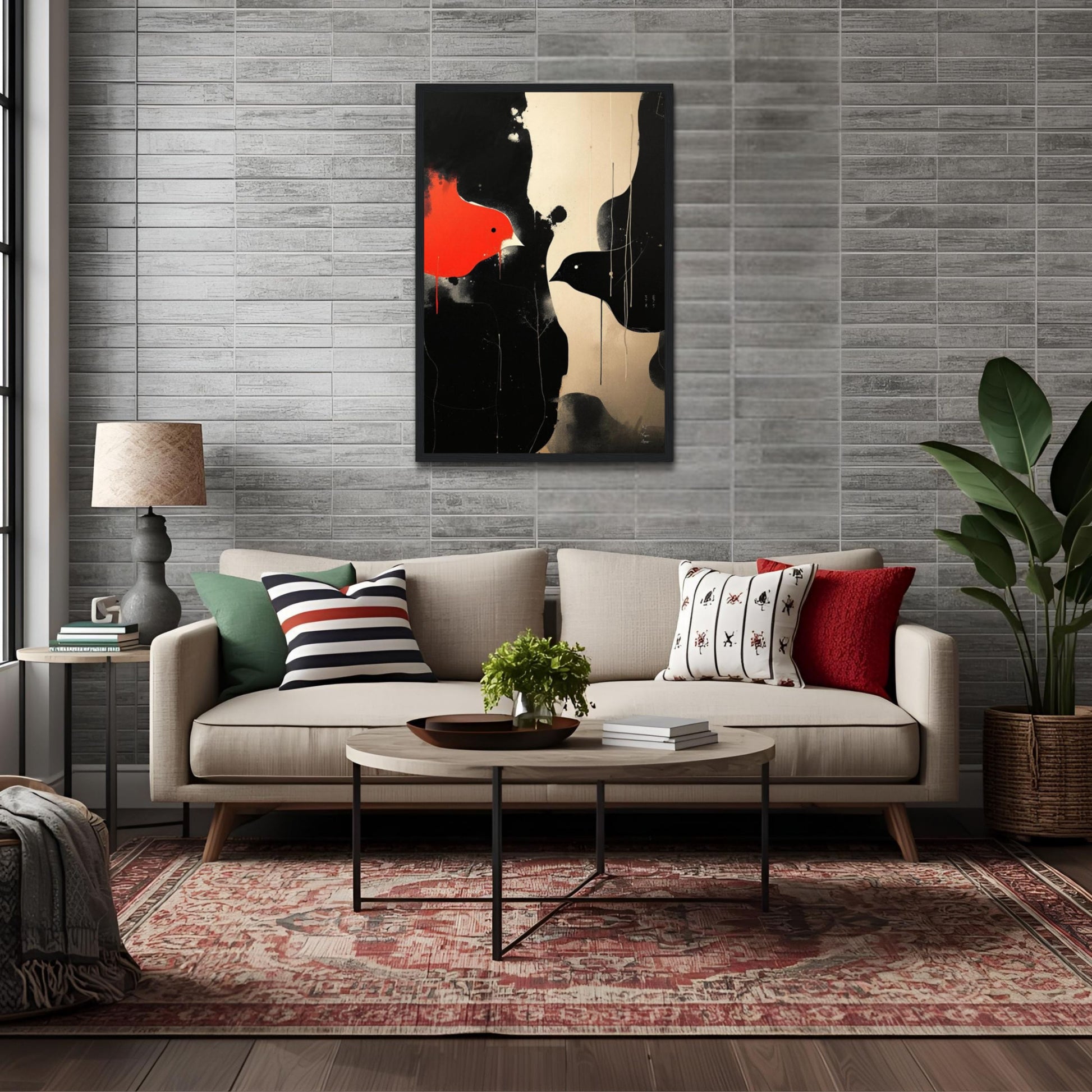 Abstract Bird Minimalist Fine Art Print 60x90 cm 24x36″ Framed Canvas Dark Brown Wood Frame