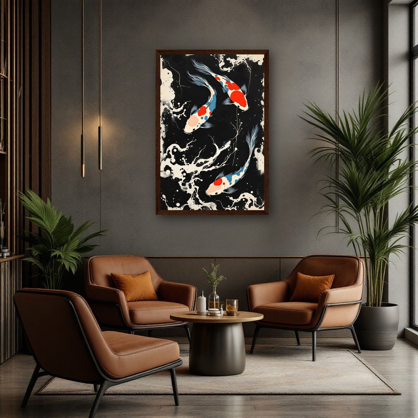 Mid-Century Modern Koi Fish Art Poster Print – Framed Abstract Black White Wall Décor