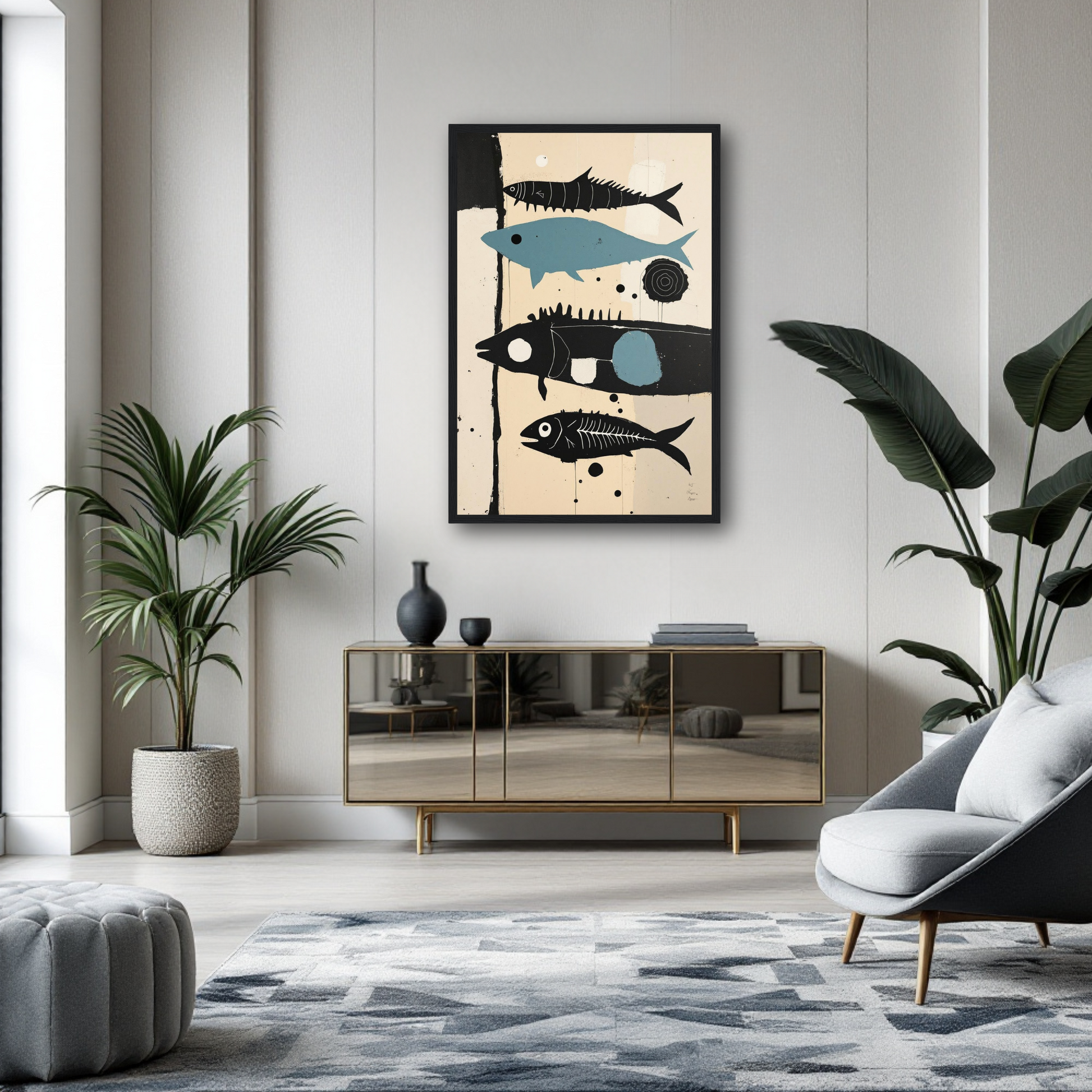 Mid-Century Modern Fish Art Poster Print – Framed Abstract Neutral Wall Decor