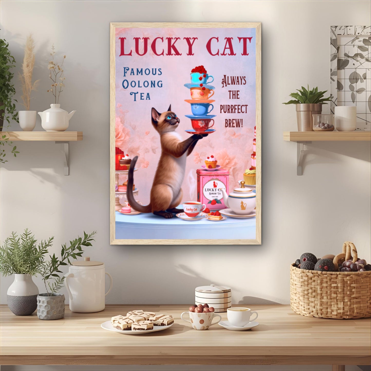 Siamese Lucky Cat Vintage Tea Art Print 30x45 cm 12x18″ Premium Matte Paper Wooden Framed Poster Dark Brown Wood Frame