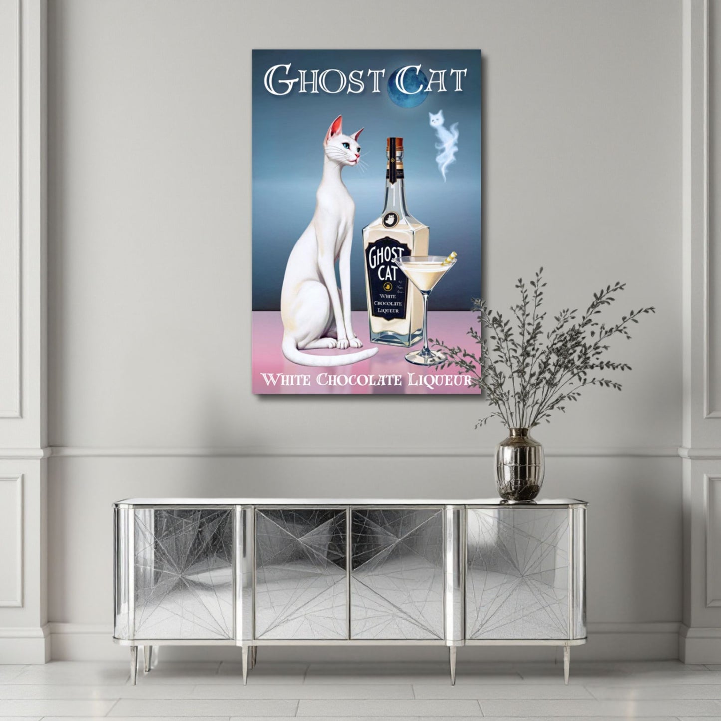 White Cat Martini Cocktail Bar Art Print 30x45 cm 12x18″ Framed Canvas Black Wood frame