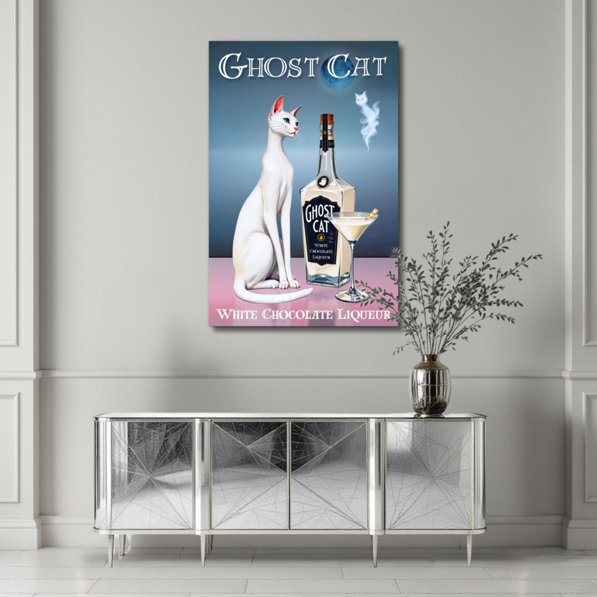 White Cat Martini Cocktail Bar Art Print 30x45 cm 12x18″ Framed Canvas Black Wood frame