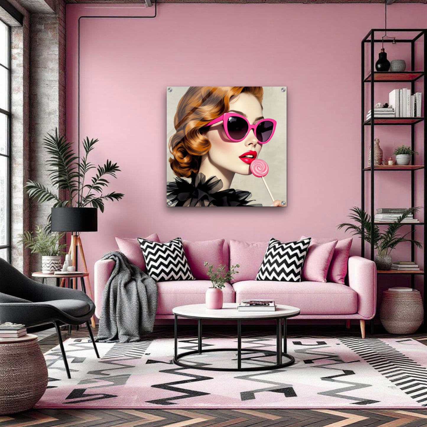 Retro Glam Fashion Model Lollipop Art Print Gallery Wrapped Canvas 30x30 cm 12x12″