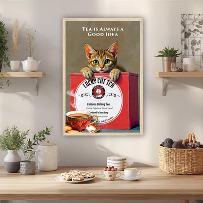 Tabby Lucky Cat Tea Vintage Kitchen Art Print