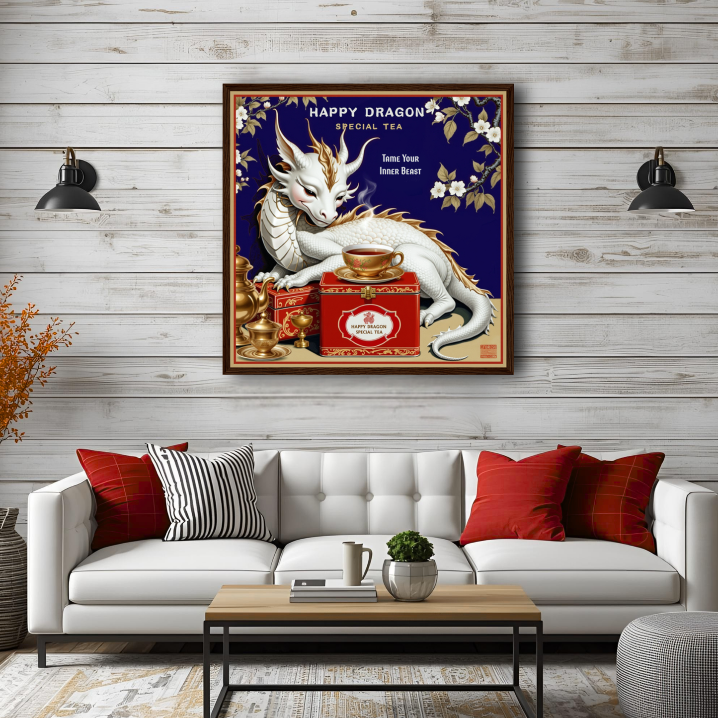 Happy Dragon Tea Art Print 50x50 cm 20x20″ Premium Matte Paper Wooden Framed Poster Black Wood Frame