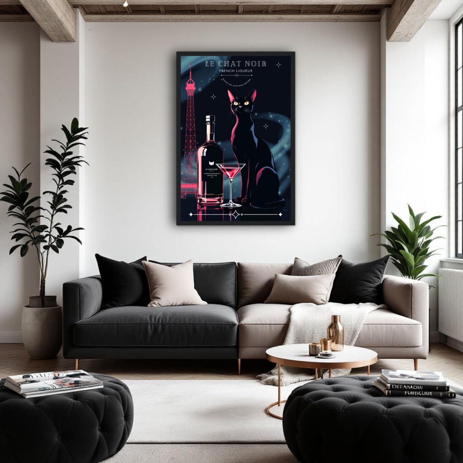 Art Deco Le Chat Noir French Black Cat Art Print 30x45 cm 12x18″ Museum-Quality Matte Paper Wooden Framed Poster White frame