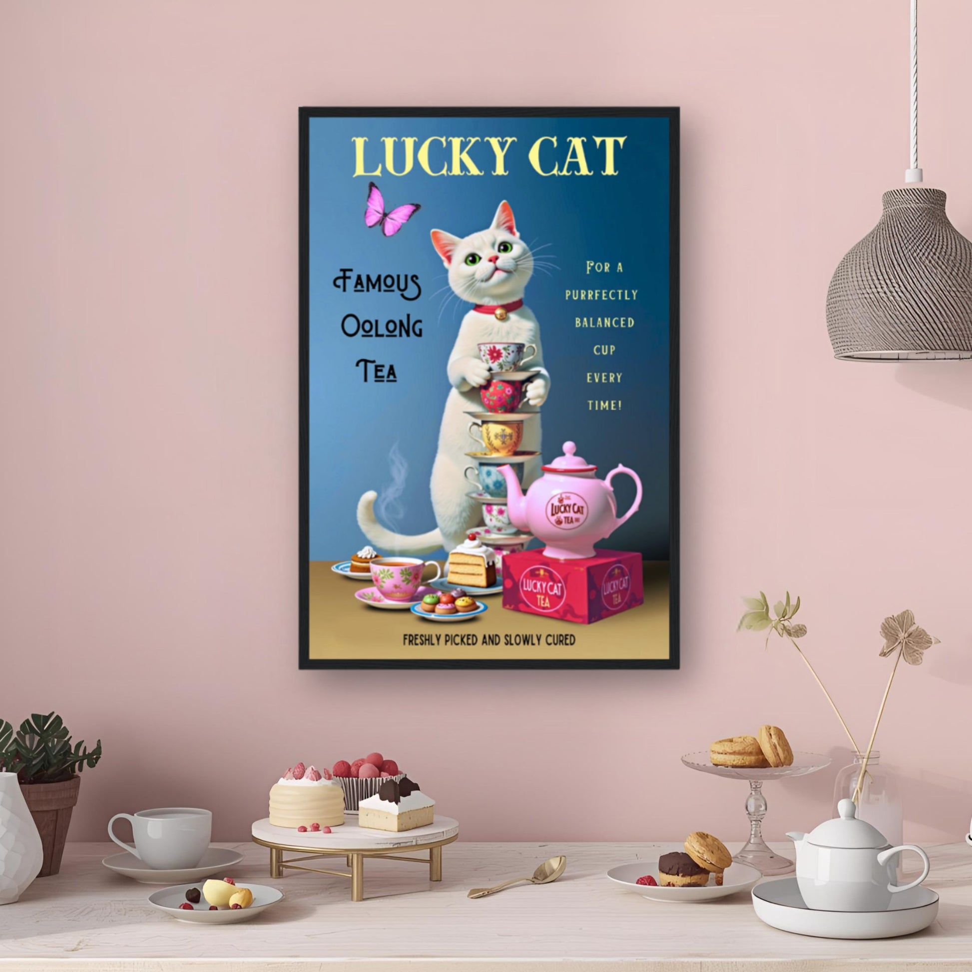 White Lucky Cat Tea Vintage Fine Art Print