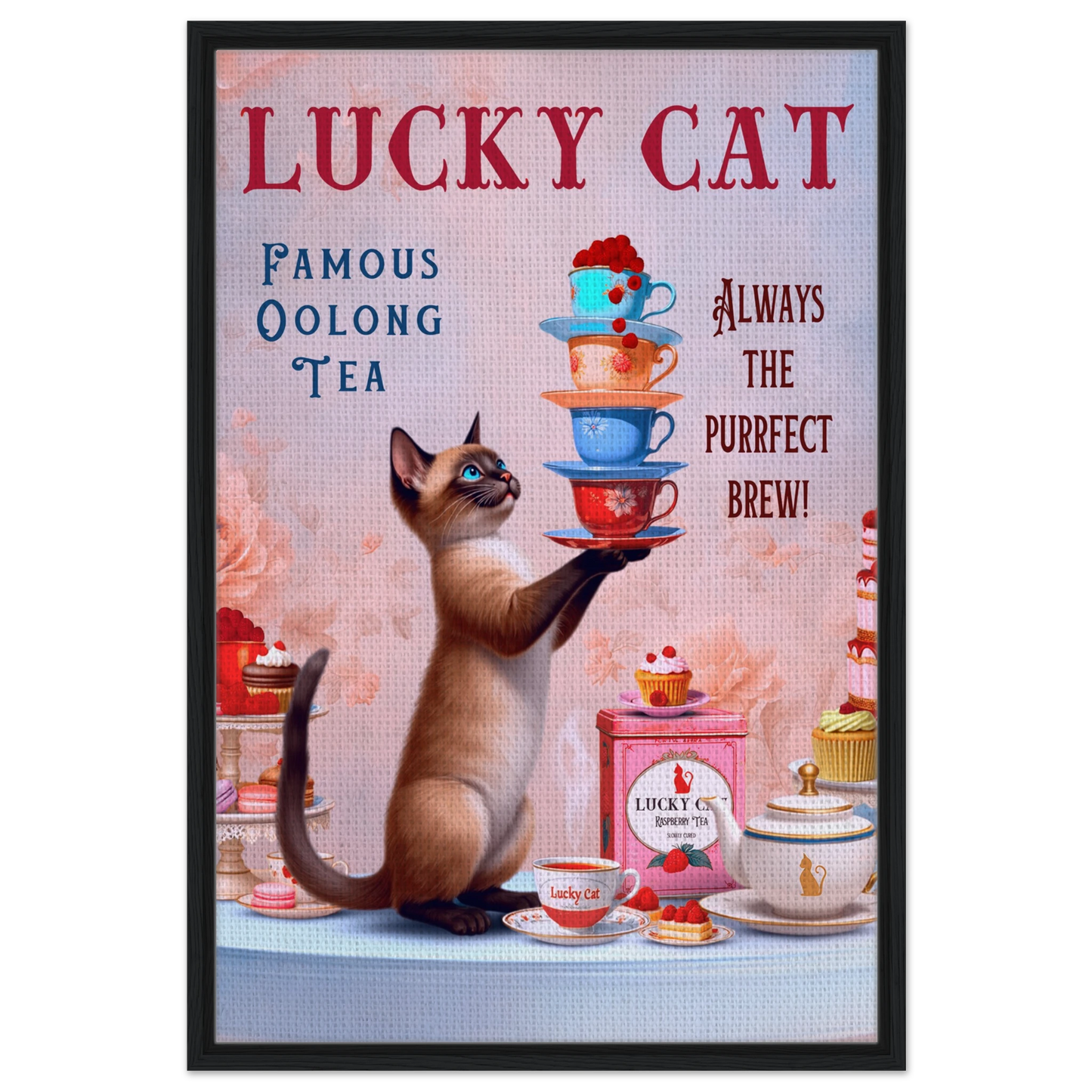 Siamese Lucky Cat Vintage Tea Art Print 60x90 cm 24x36″ Framed Canvas Black Wood Frame