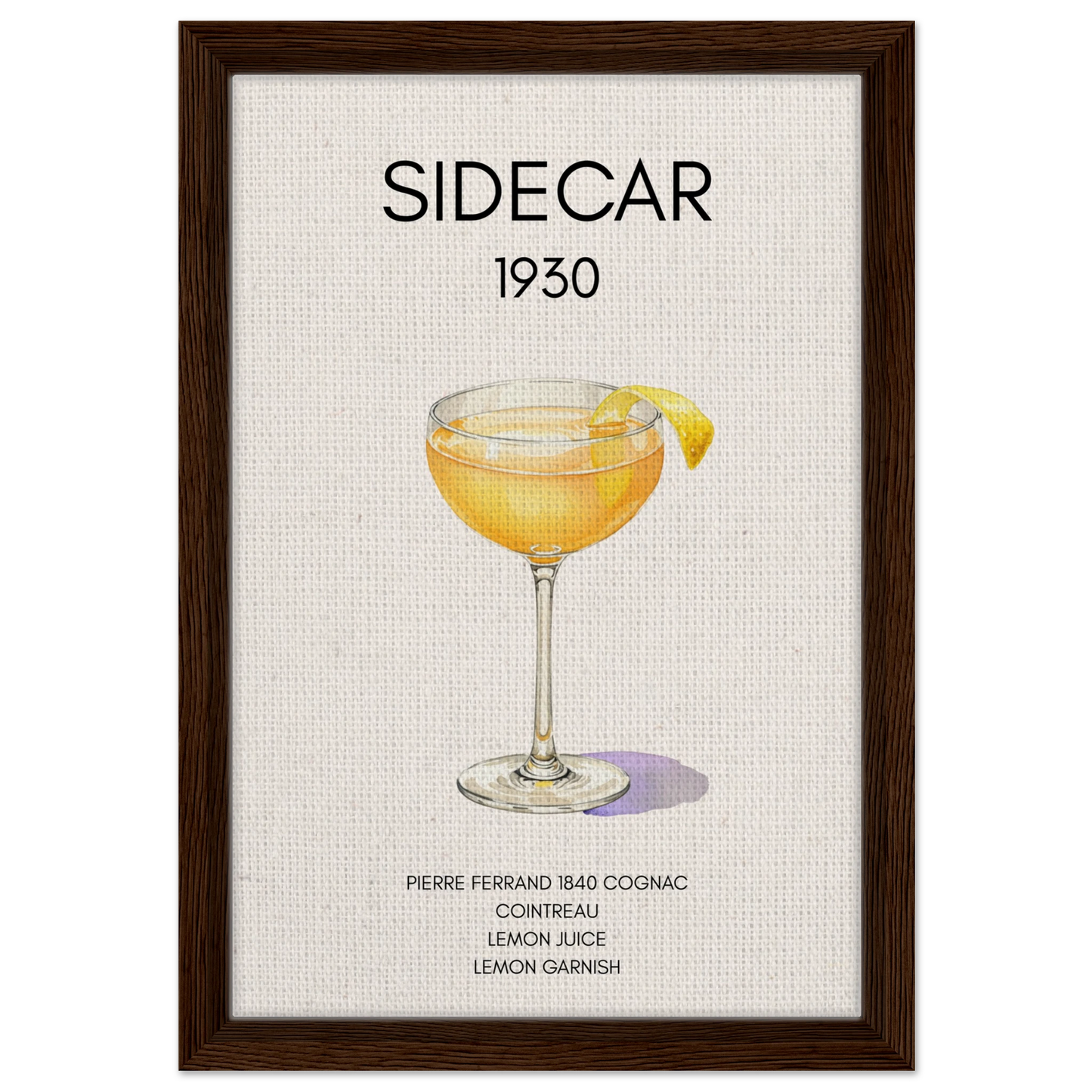 Sidecar Cocktail Bar Poster Print Dark Brown Wood Frame 30x45 cm 12x18″ Framed Canvas