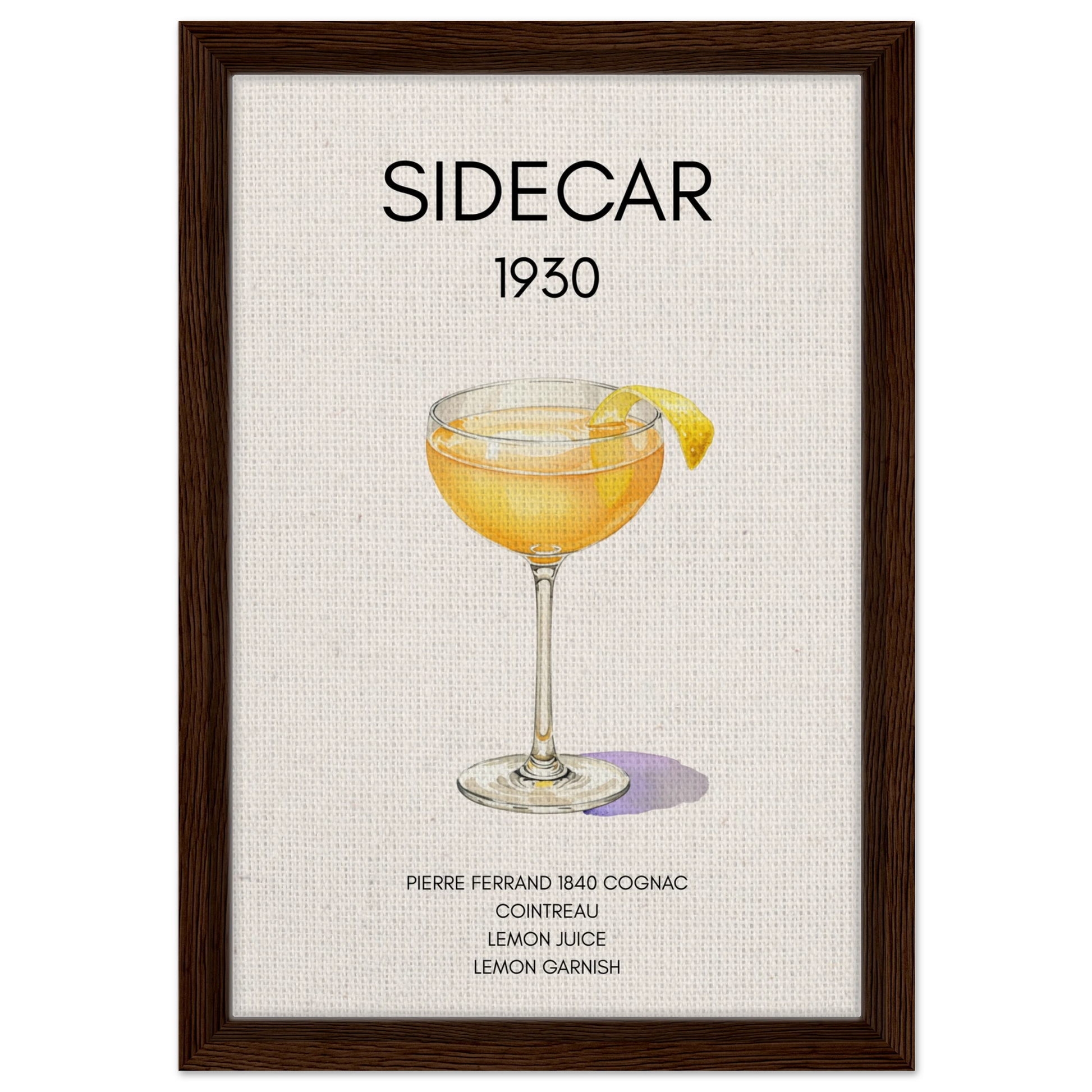 Classic Sidecar Cocktail Bar Art Print Dark Brown Wood Frame 30x45 cm 12x18″ Framed Canvas
