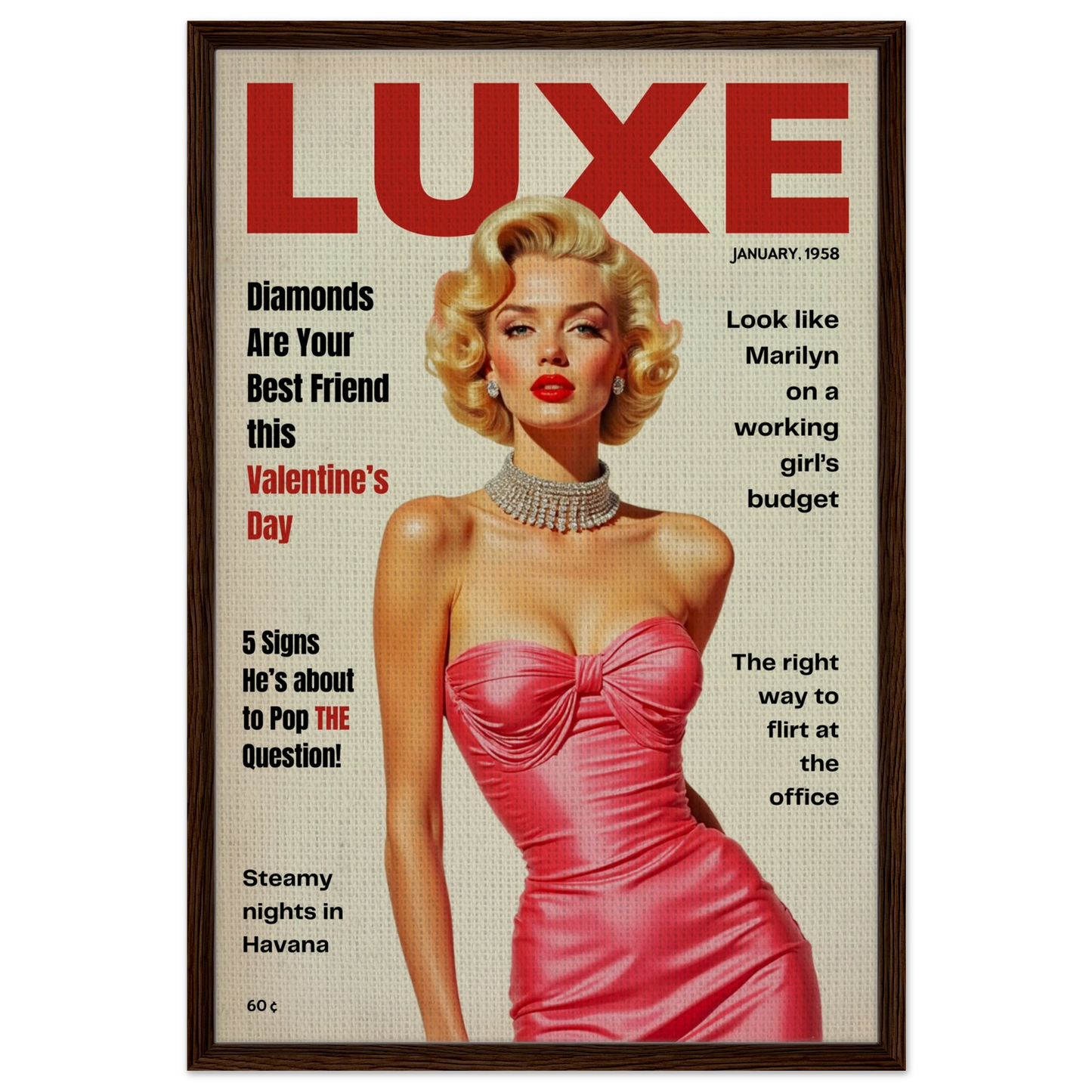 Marilyn Monroe Hollywood Glam Art Print 60x90 cm 24x36″ Framed Canvas Dark Brown Wood Frame