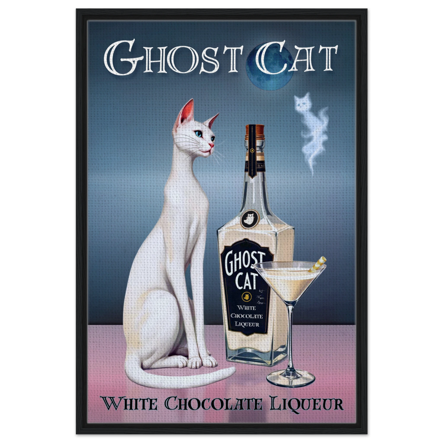 White Cat Martini Cocktail Bar Art Print 60x90 cm 24x36″ Framed Canvas Black Wood frame