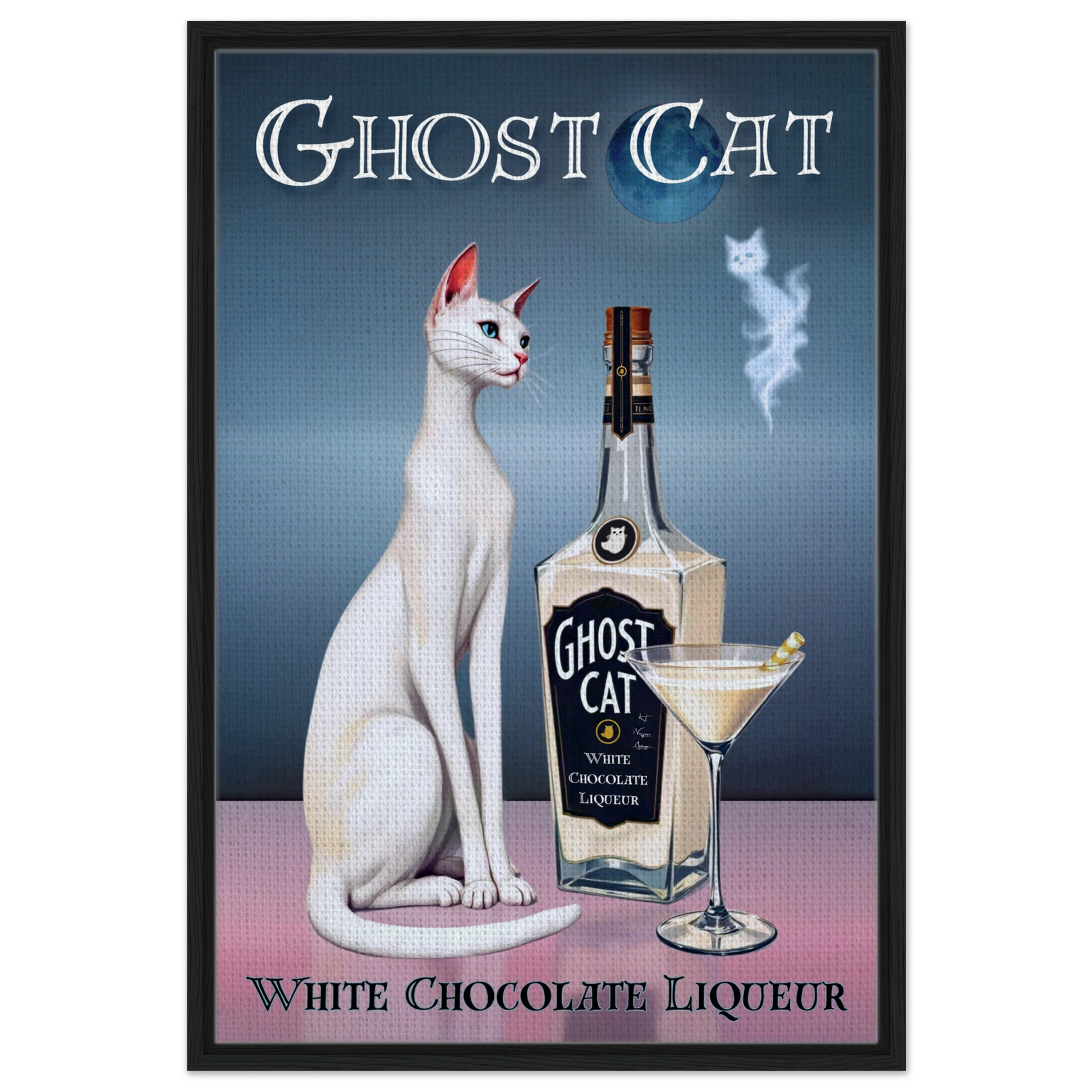 White Cat Chocolate Martini Cocktail Bar Art Print 60x90 cm 24x36″ Framed Canvas Black Wood frame