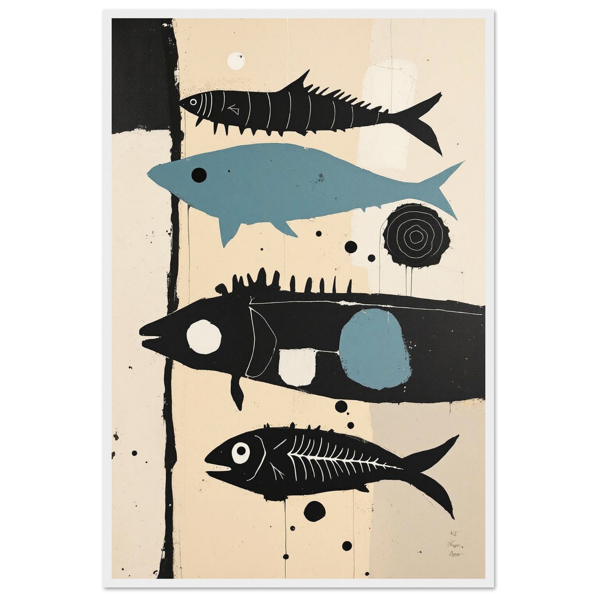 Mid-Century Modern Fish Art Poster Print – Framed Abstract Neutral Wall Decor Black Wood Frame 40x60 cm 16x24″ Framed Canvas
