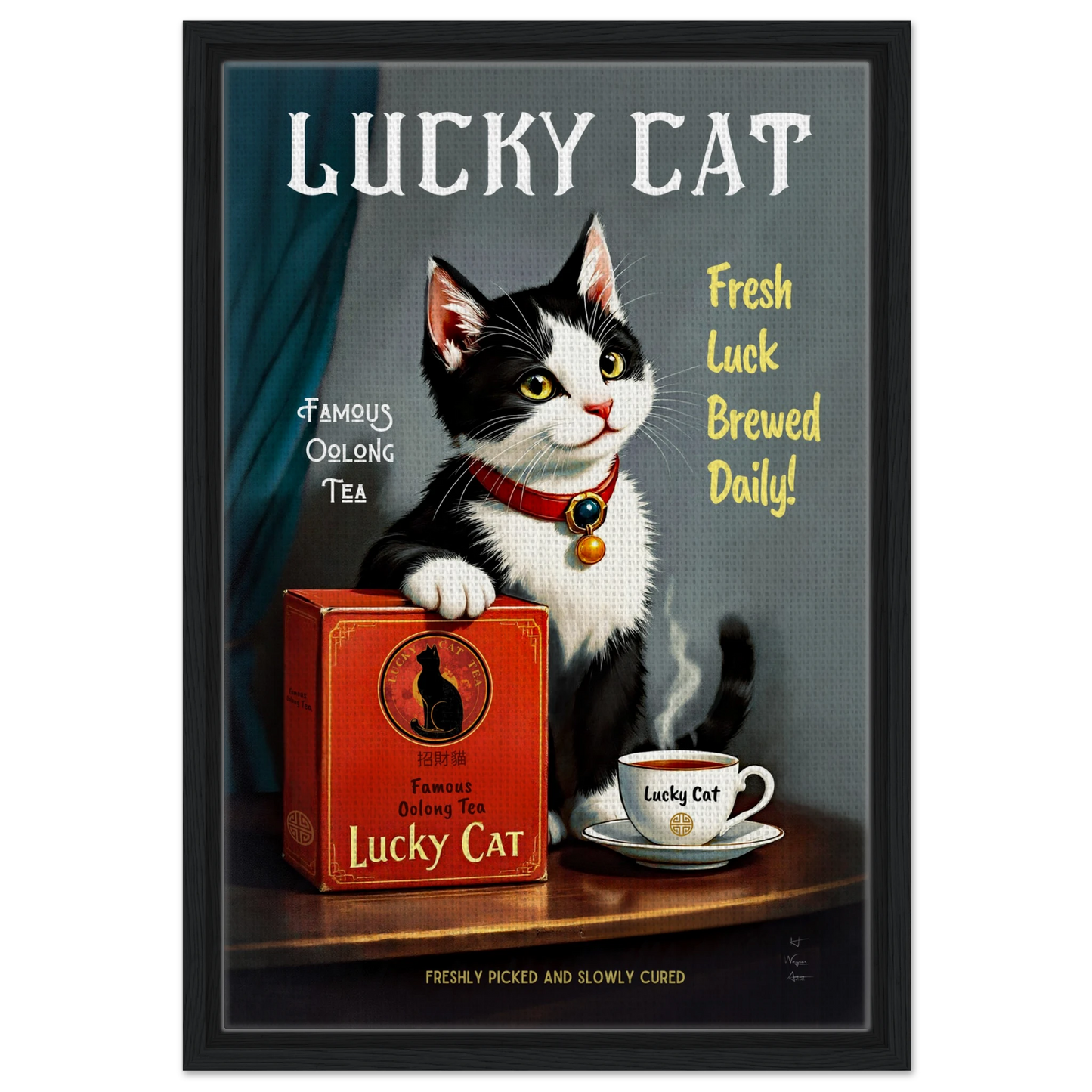 Lucky Tuxedo Cat Tea Kitchen Art Print 40x60 cm 16x24″ Framed Canvas Black Wood frame