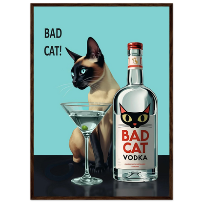Siamese Cat Retro Martini Cocktail Bar Art Print Black Wood Frame 60x90 cm 24x36″ Framed Canvas