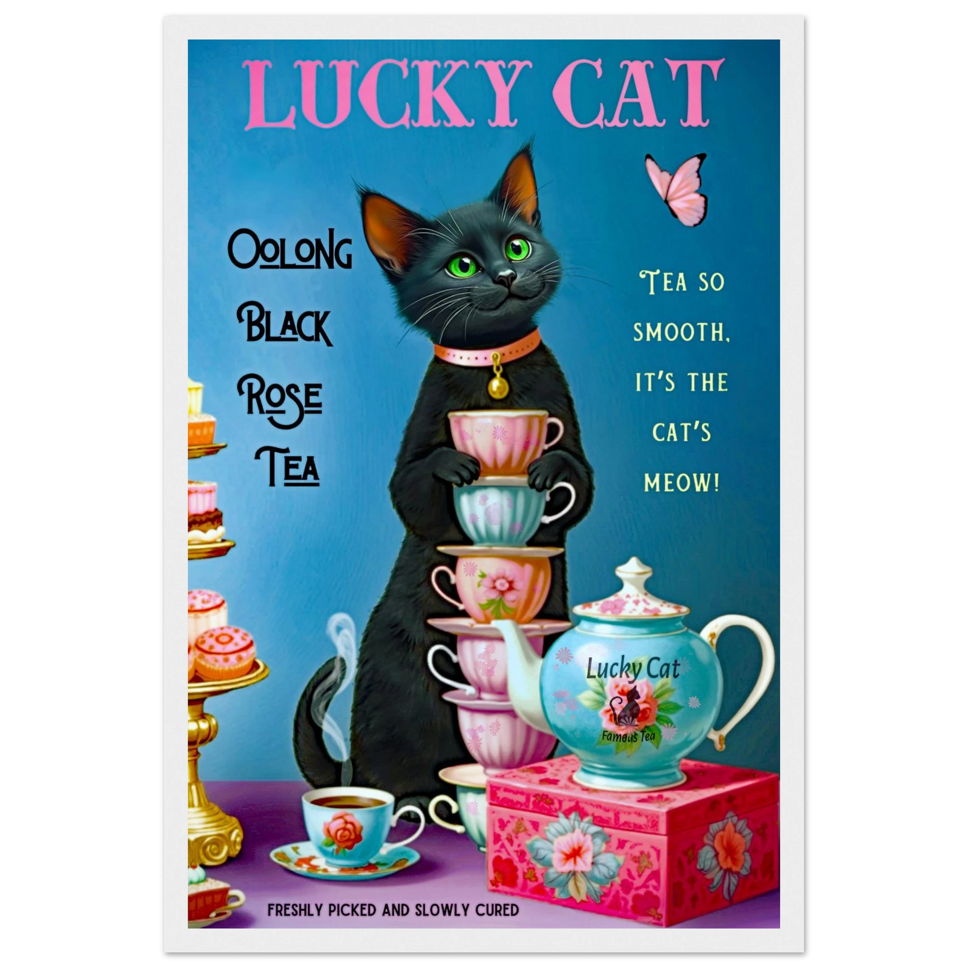 Lucky Cat Vintage Oolong Tea Art Print 30x45 cm 12x18″ Premium Matte Paper Wooden Framed Poster White Wood Frame