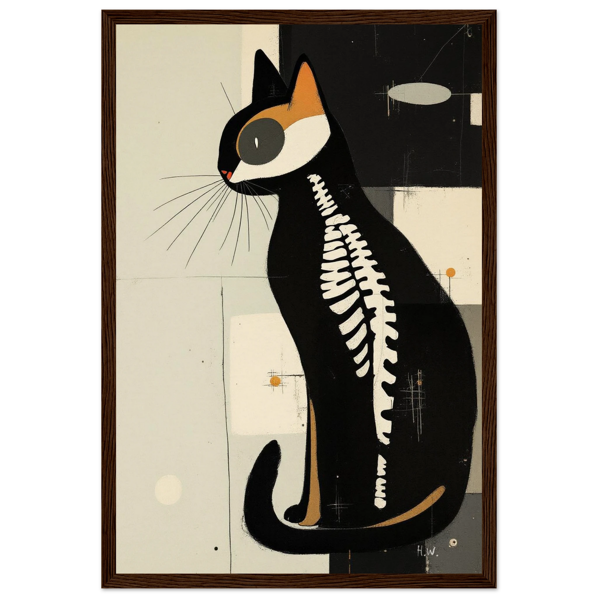 Modern Cat Skeleton Abstract Art Poster Print Dark Brown Wood Frame 30x45 cm 12x18″ Museum-Quality Matte Paper Wooden Framed Poster