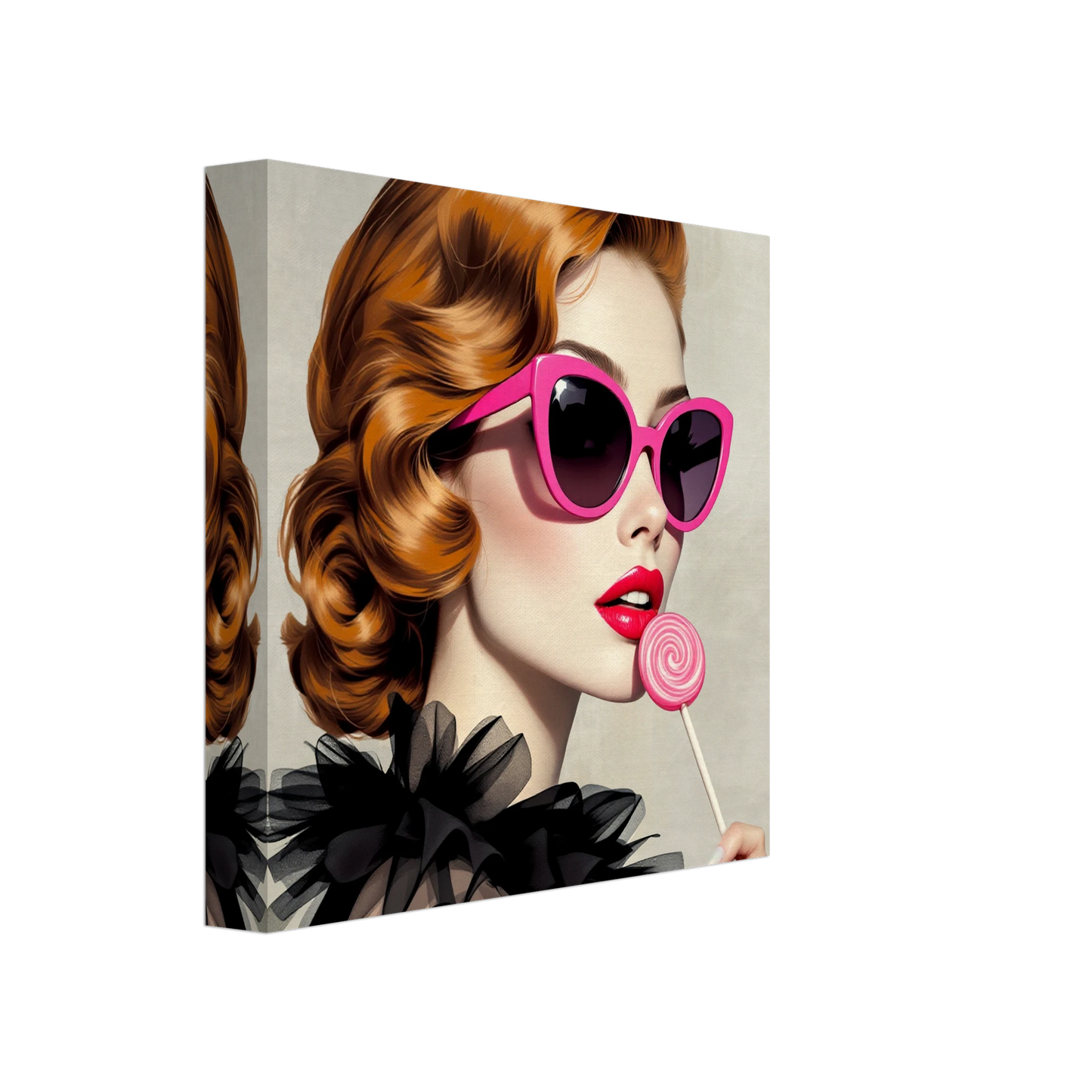 Retro Glam Fashion Model Lollipop Art Print Gallery Wrapped Canvas 20x20 cm 8x8″