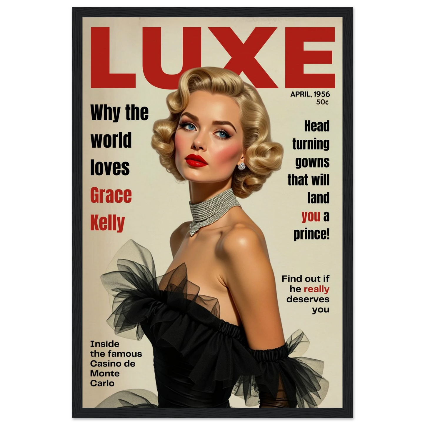 Grace Kelly Hollywood Glam Magazine Art Print Black Wood frame 30x45 cm 12x18″ Museum-Quality Matte Framed Poster