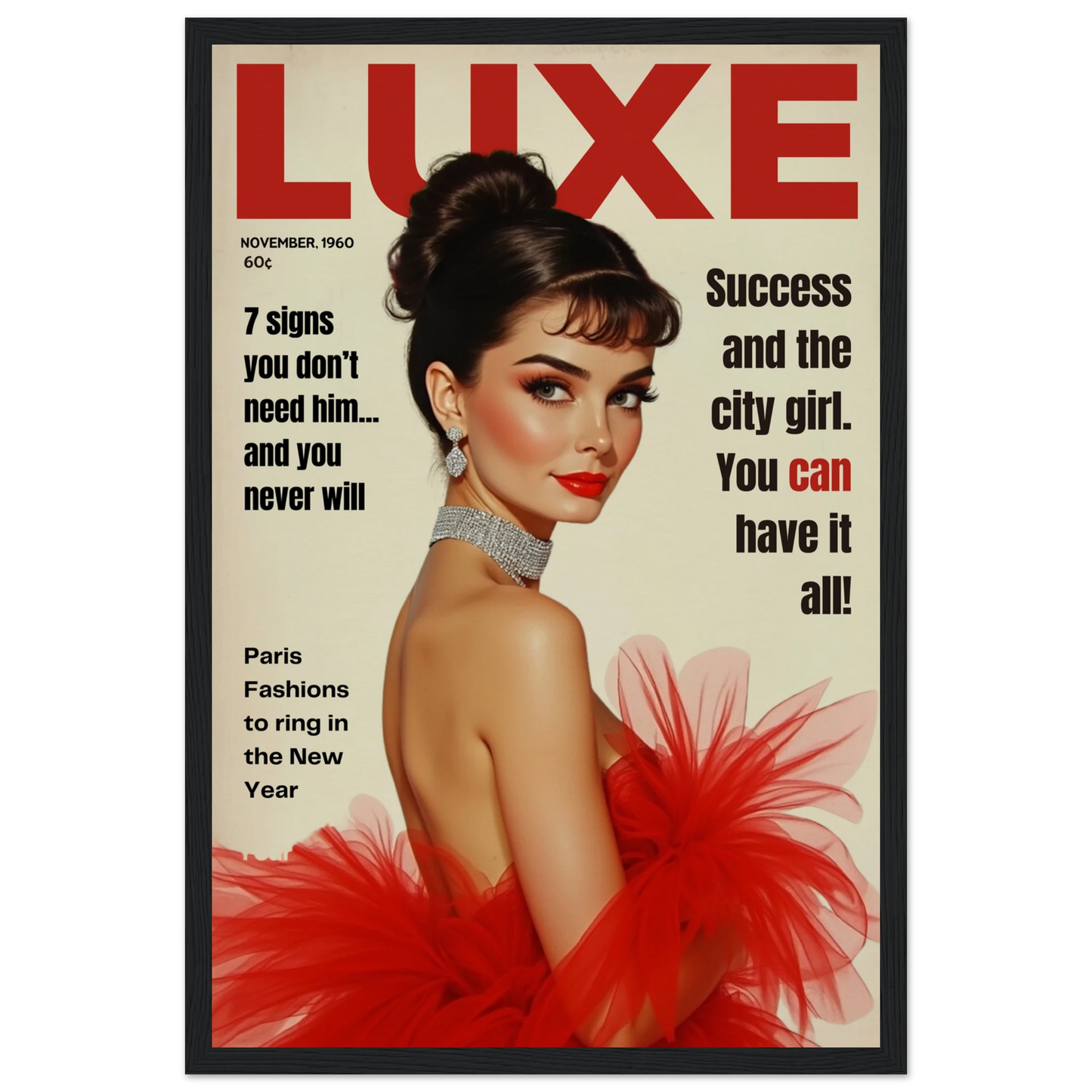 Audrey Hepburn Vintage Fashion Art Print Black Wood Frame 30x45 cm 12x18″ Museum-Quality Matte Paper Wooden Framed Poster