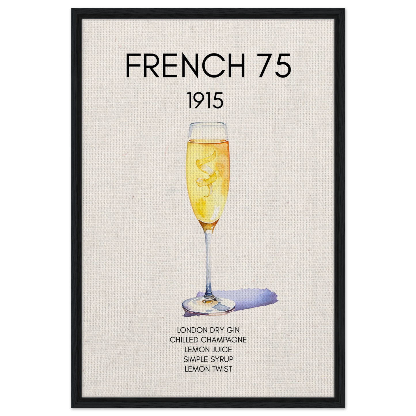 French 75 Cocktail Art Print Black Wood Frame 60x90 cm 24x36″ Framed Canvas