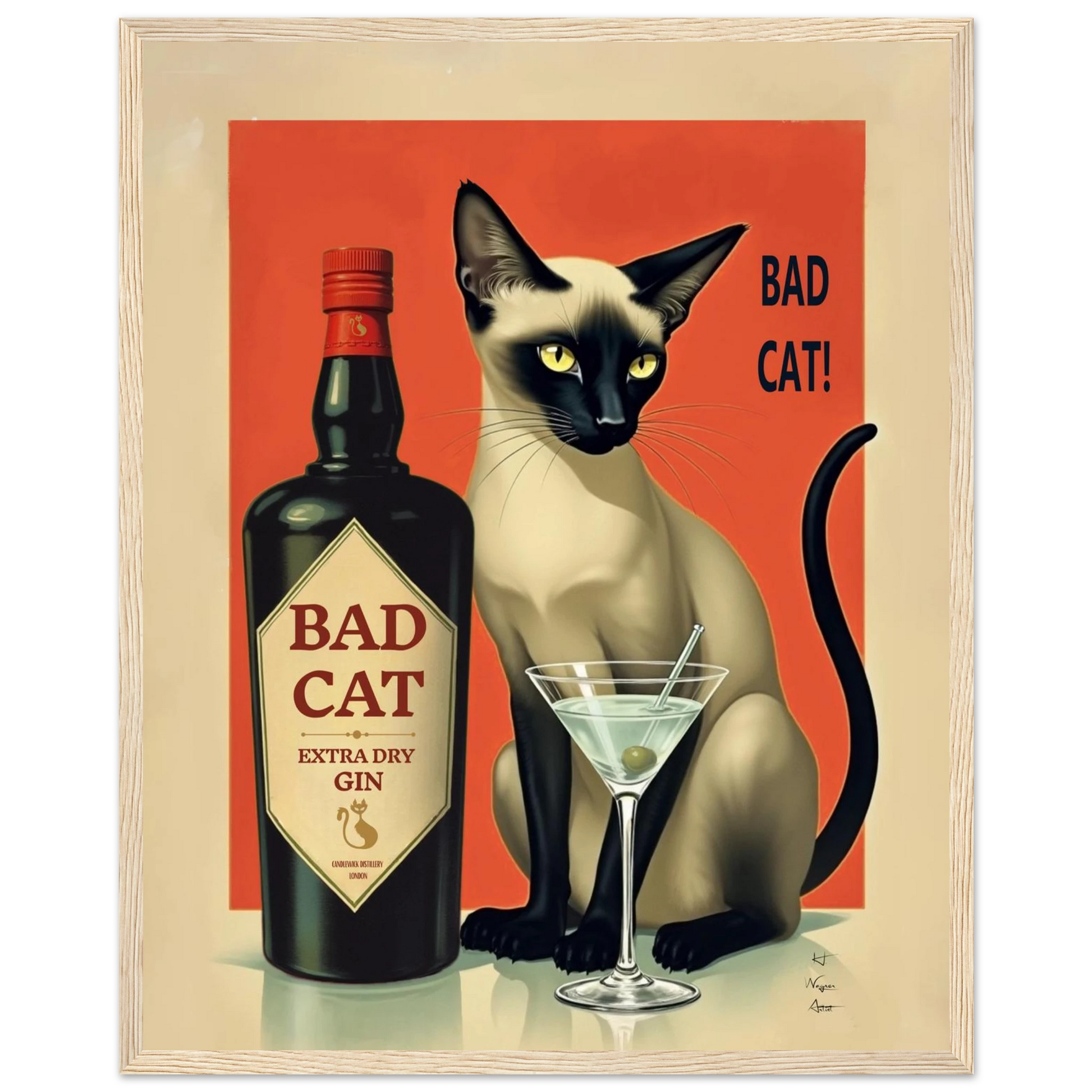 Siamese Cat Gin Martini Cocktail Art Print 40x50 cm 16x20″ Classic Matte Paper Wooden Framed Poster Light Wood Frame