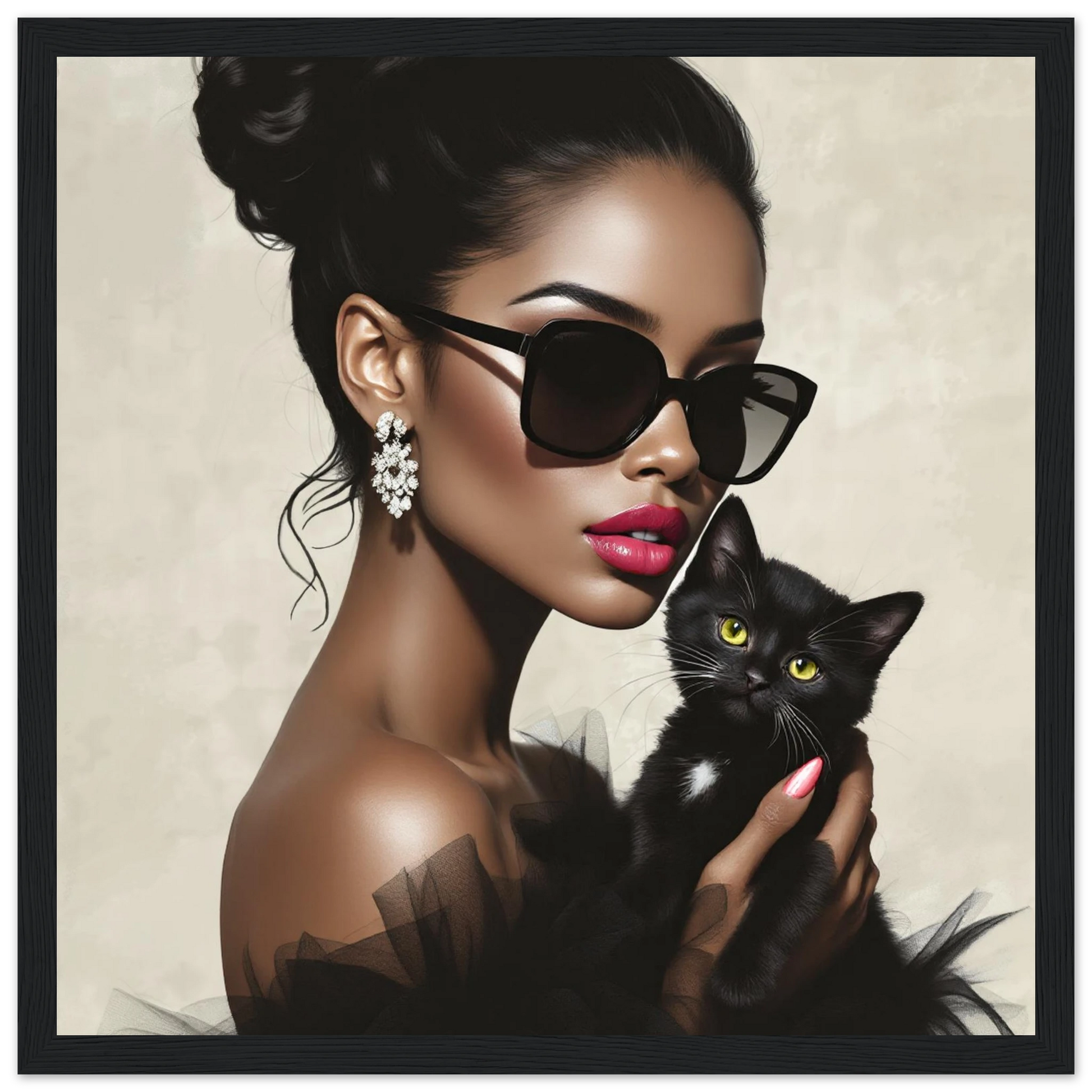 Retro Glam Fashion Model Kitten Art Print Premium Matte Paper Wooden Framed Poster 30x30 cm 12x12″