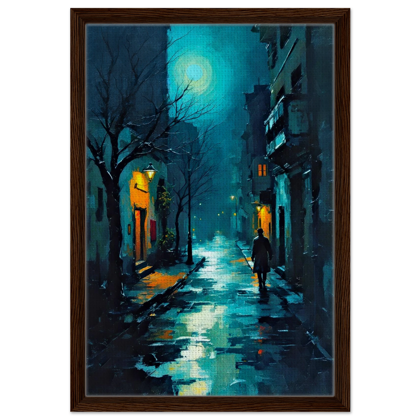 Blue Moon Night Street Scene Art Print 40x60 cm 16x24″ Framed Canvas Dark Brown Wood Frame