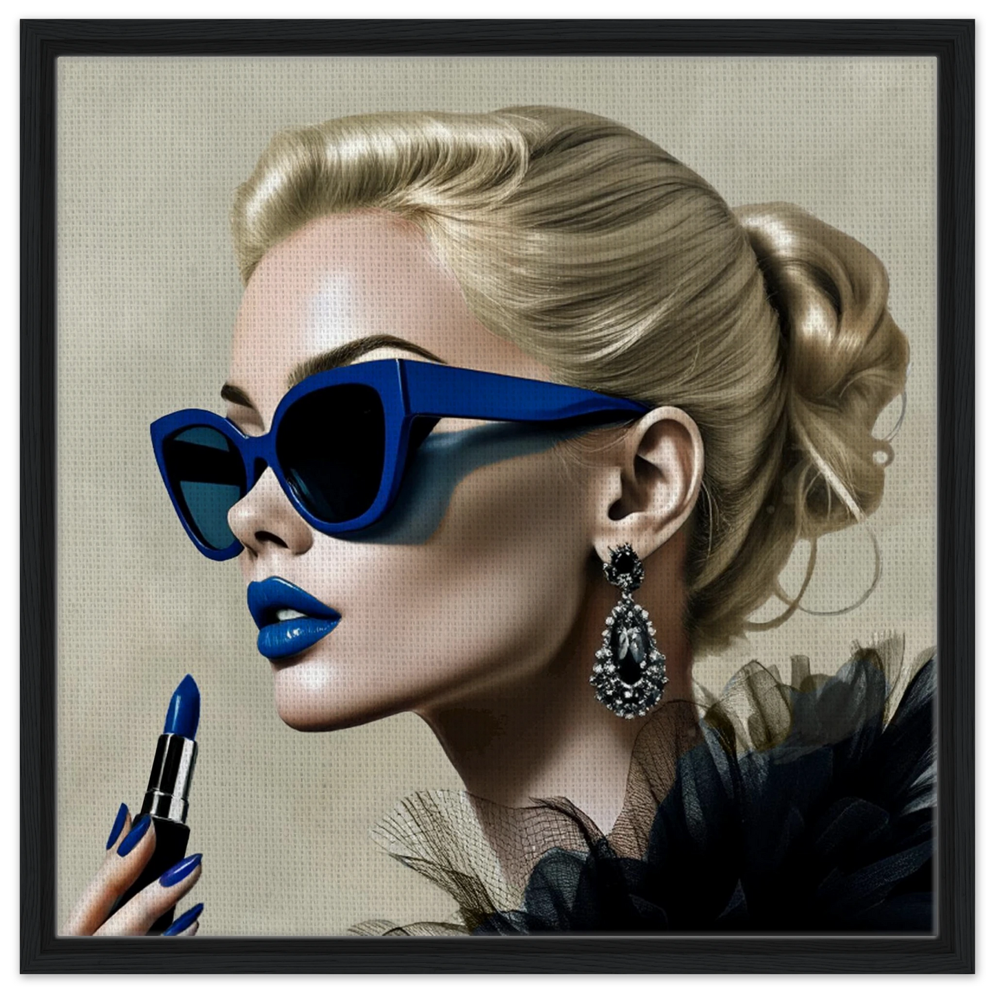 Retro Fashion Model Blue Lipstick Art Print 60x60 cm 24x24″ Framed Canvas