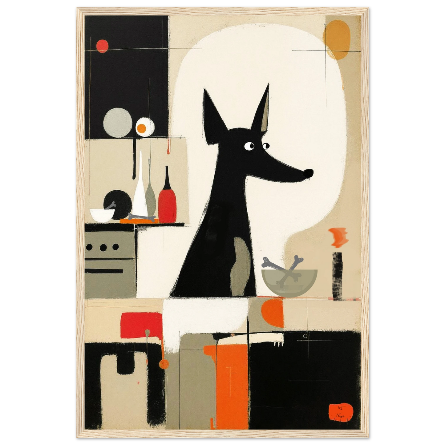Modern Quirky Abstract Dog Art Print Light Wood Frame 40x60 cm 16x24″ Premium Matte Paper Wooden Framed Poster