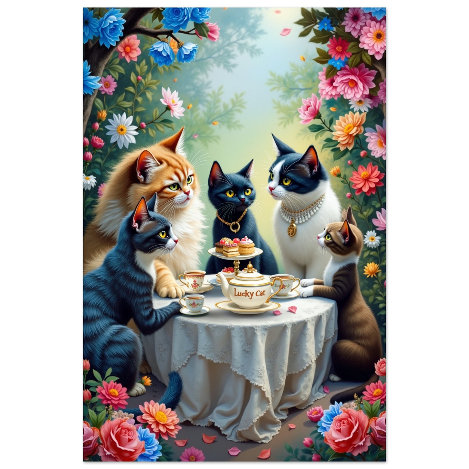 Lucky Cat Garden Tea Party Kitchen Art Print No Frame 40x60 cm 16x24″ Premium Matte Paper Poster