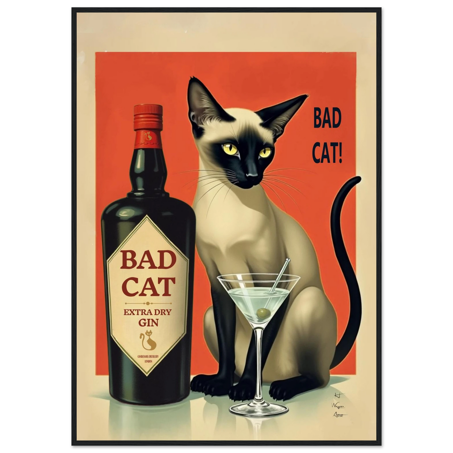 Siamese Cat Gin Martini Cocktail Art Print 70x100 cm 28x40″ Premium Matte Paper Wooden Framed Poster Black Wood Frame