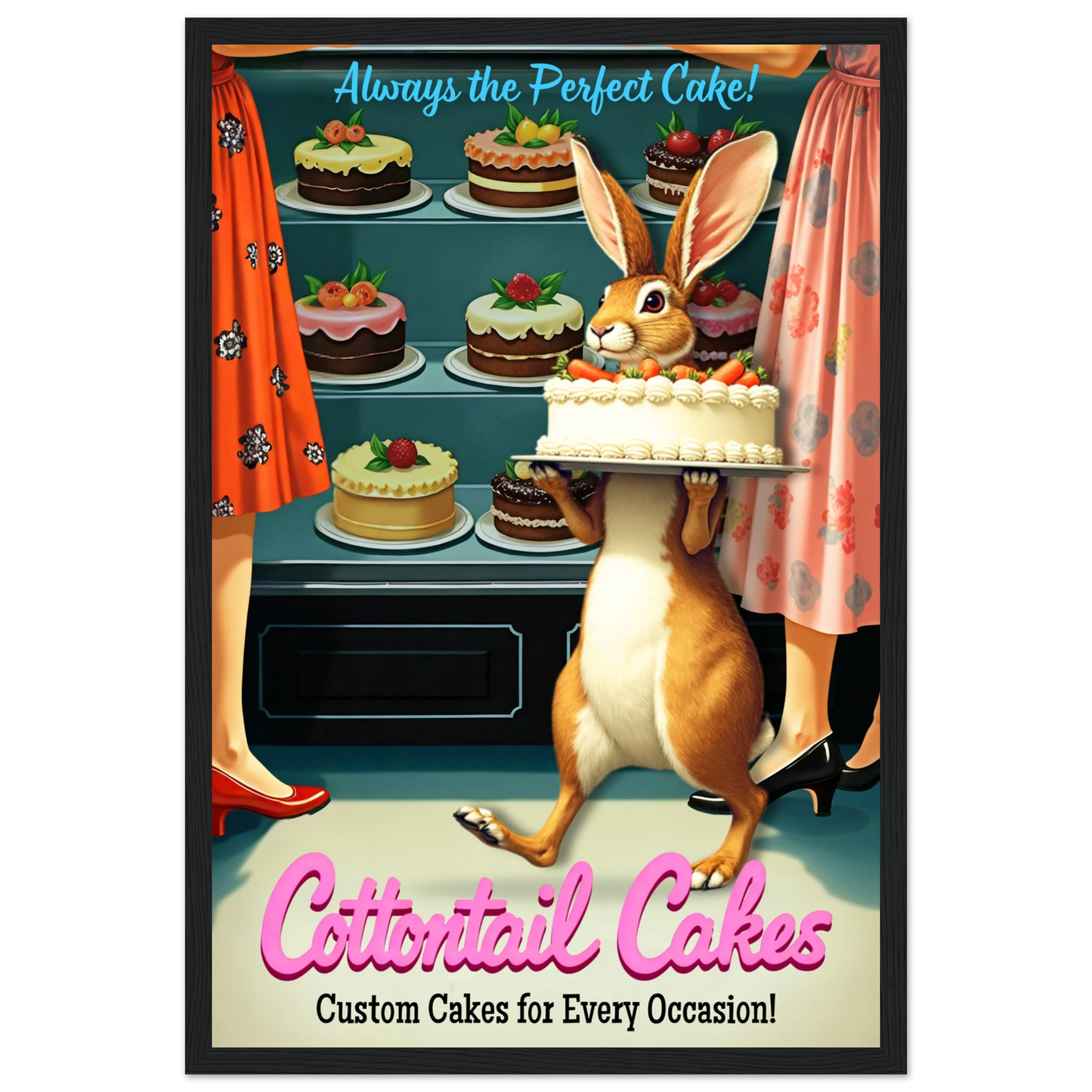 Cottontail Rabbit Bakery 1950s Kitchen Print Black Wood frame 30x45 cm 12x18″ Classic Matte Framed Poster