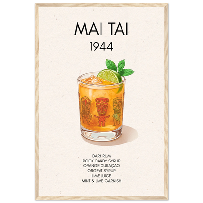 Mai Tai Tropical Cocktail Bar Poster Print Light Wood Frame 40x60 cm 16x24″ Premium Matte Paper Wooden Framed Poster