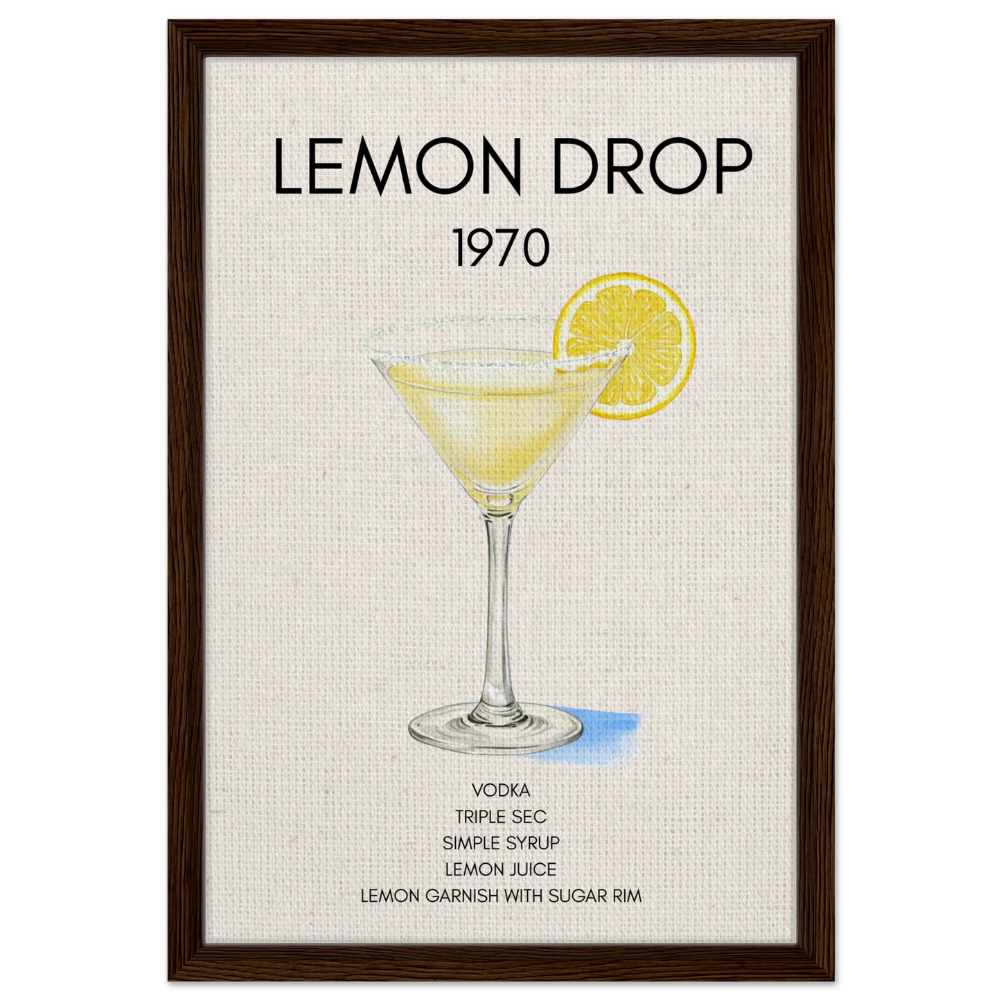 Lemon Drop Martini Cocktail Bar Poster Print Dark Brown Wood Frame 40x60 cm 16x24″ Framed Canvas