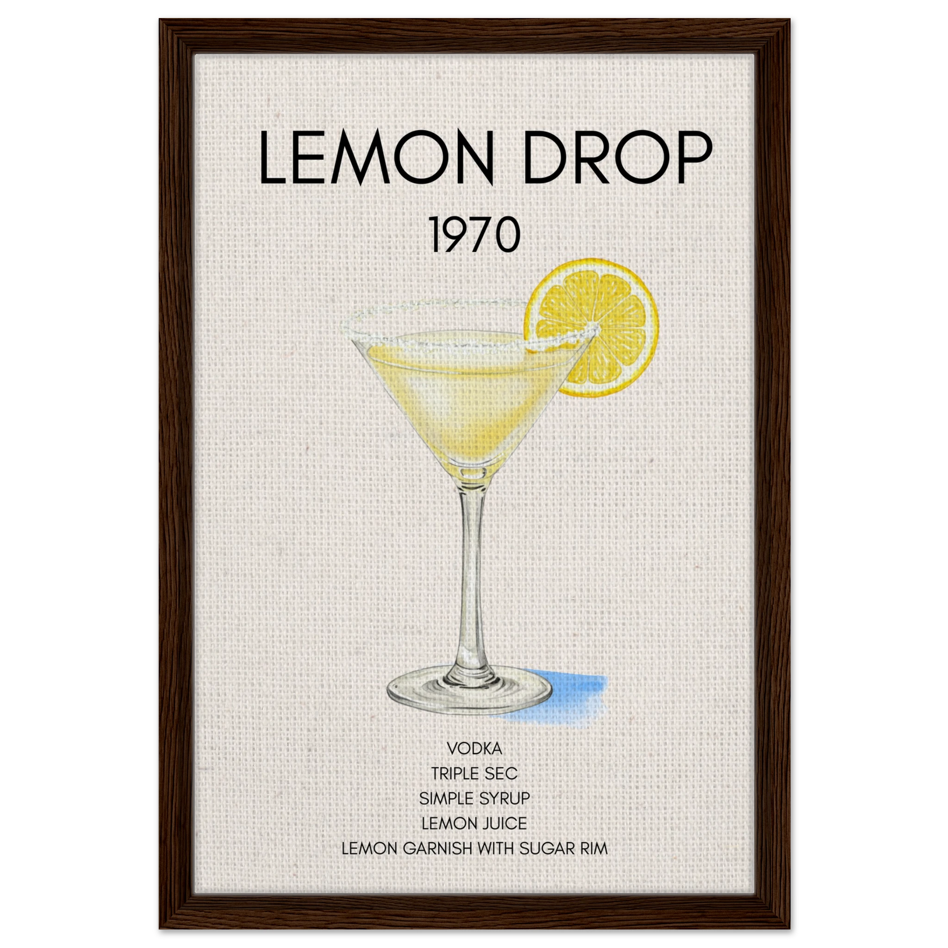 Lemon Drop Martini Cocktail Bar Art Print Dark Brown Wood Frame 40x60 cm 16x24″ Framed Canvas