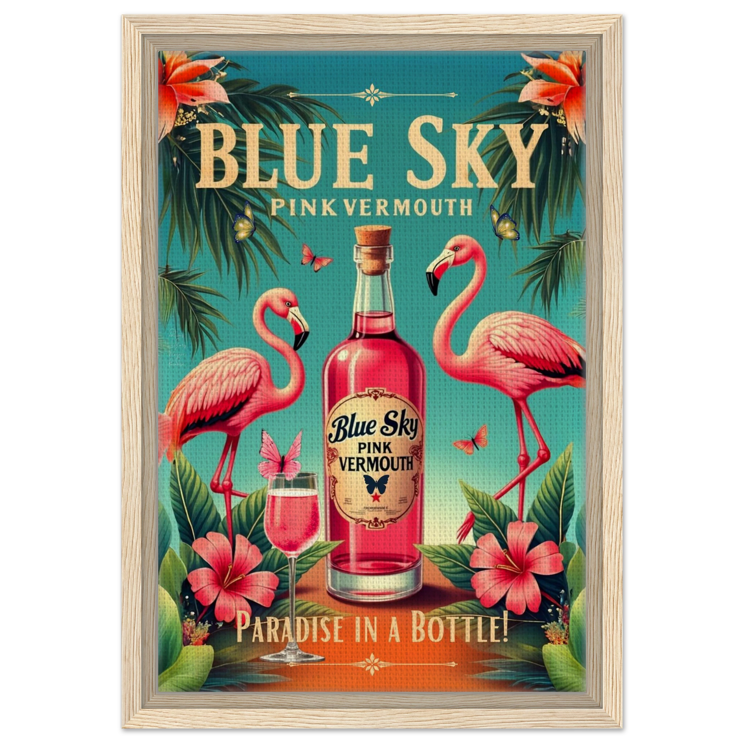 Vintage Pink Flamingo Tiki Bar Art Print 30x45 cm 12x18″ Framed Canvas Light Wood Frame