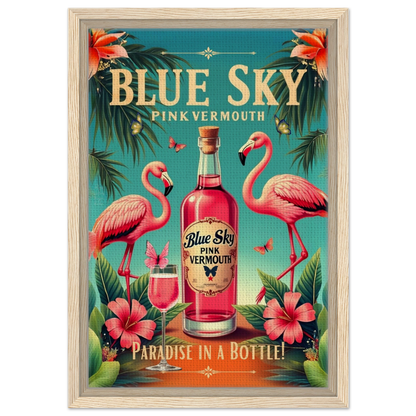 Vintage Pink Flamingo Tiki Bar Art Print 30x45 cm 12x18″ Framed Canvas Light Wood Frame