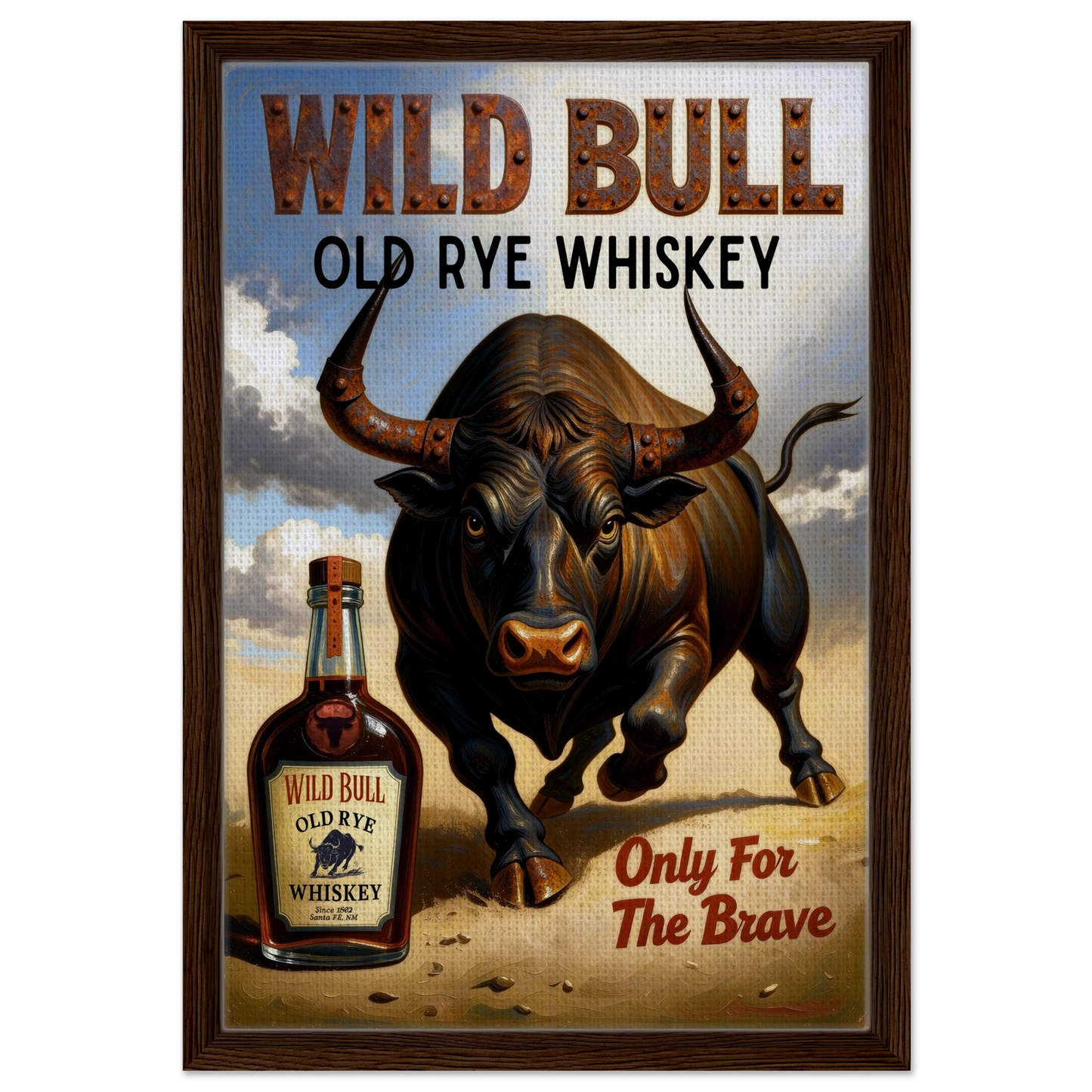 Wild Bull Old West Rye Whiskey Poster Print 40x60 cm 16x24″ Framed Canvas Dark Brown Wood Frame