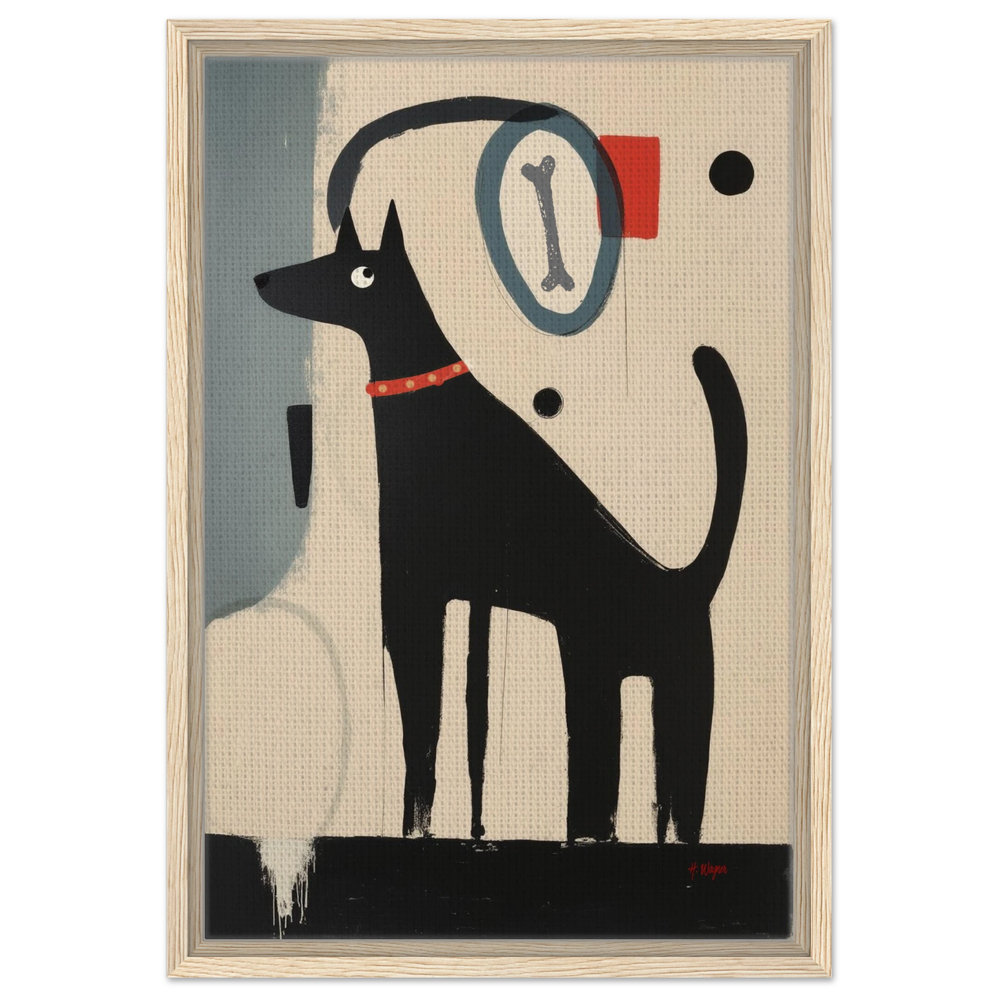Quirky Modern Dog Art Print 40x60 cm 16x24″ Framed Canvas Light Wood Frame