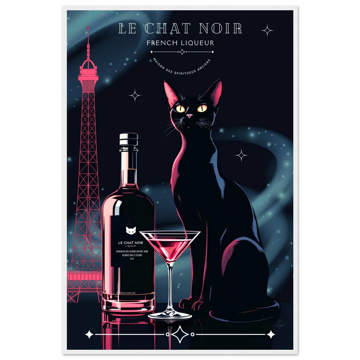 Art Deco Le Chat Noir French Black Cat Art Print 60x90 cm 24x36″ Premium Matte Paper Wooden Framed Poster White frame
