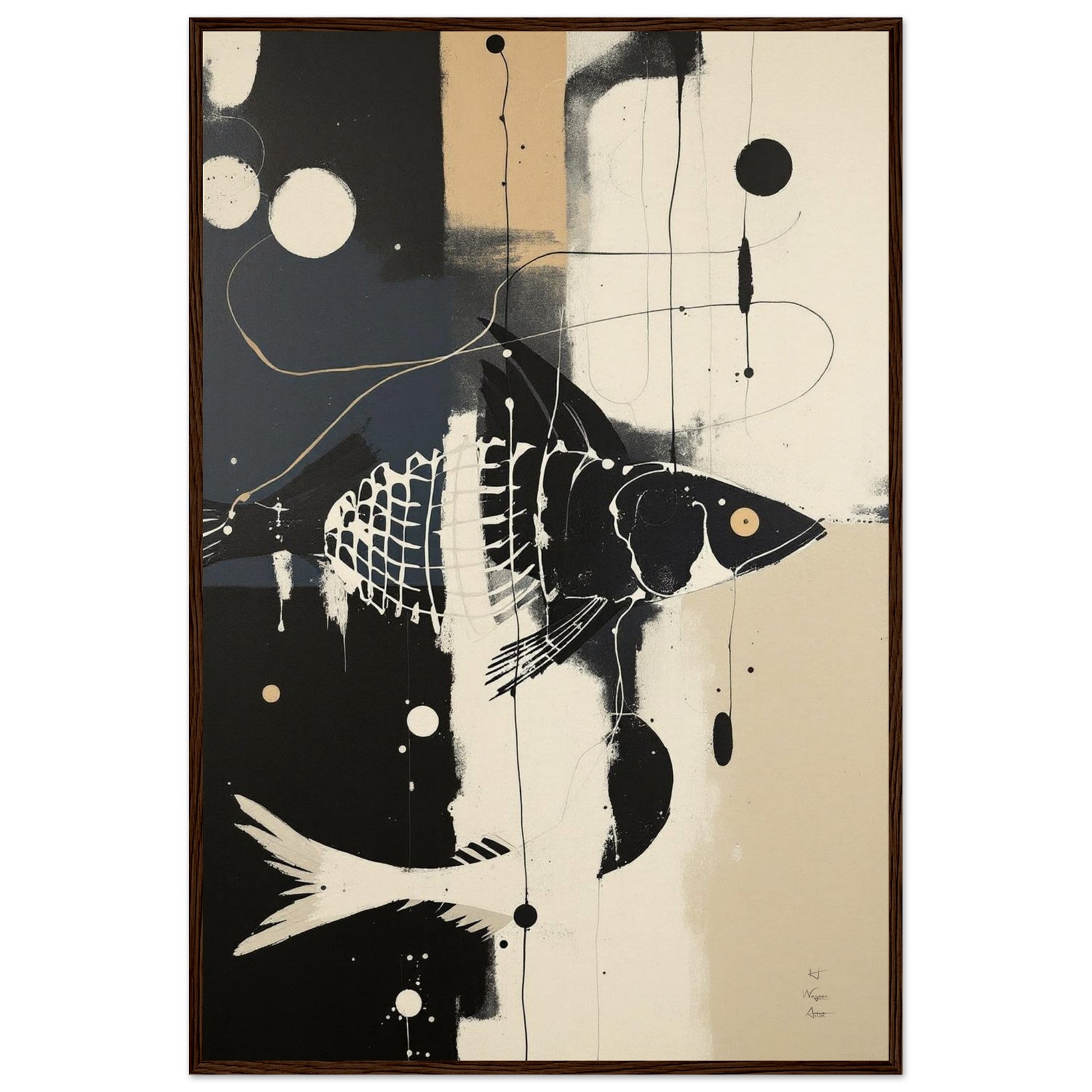 Abstract Fish Art Poster Print – Framed Modern Neutral Wall Décor Dark Brown Wood Frame 60x90 cm 24x36″ Museum-Quality Matte Framed Poster