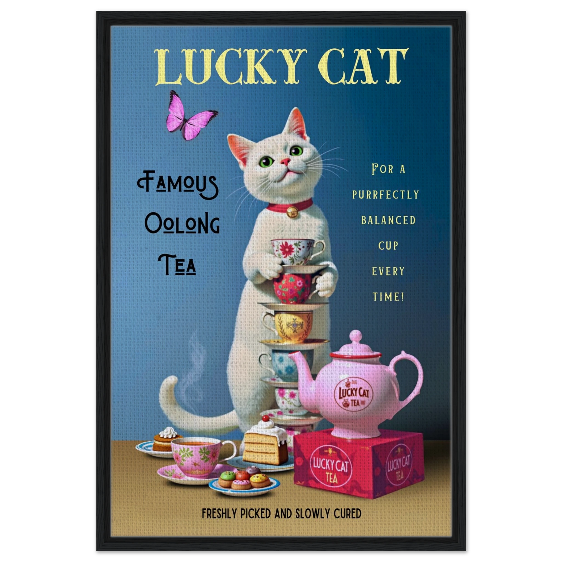 White Lucky Cat Tea Vintage Fine Art Print Black Wood Frame 60x90 cm 24x36″ Framed Canvas