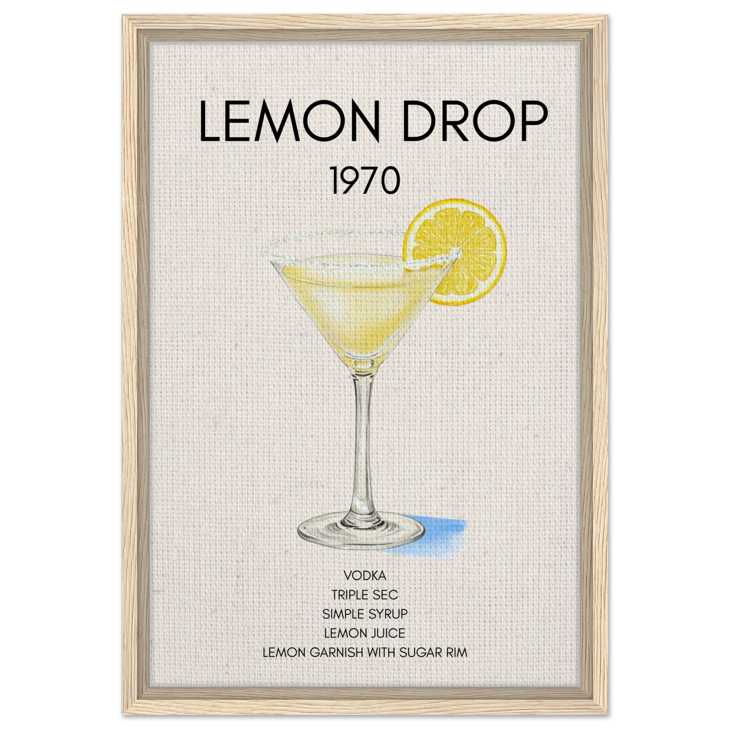 Lemon Drop Martini Cocktail Bar Poster Print Light Wood Frame 40x60 cm 16x24″ Framed Canvas