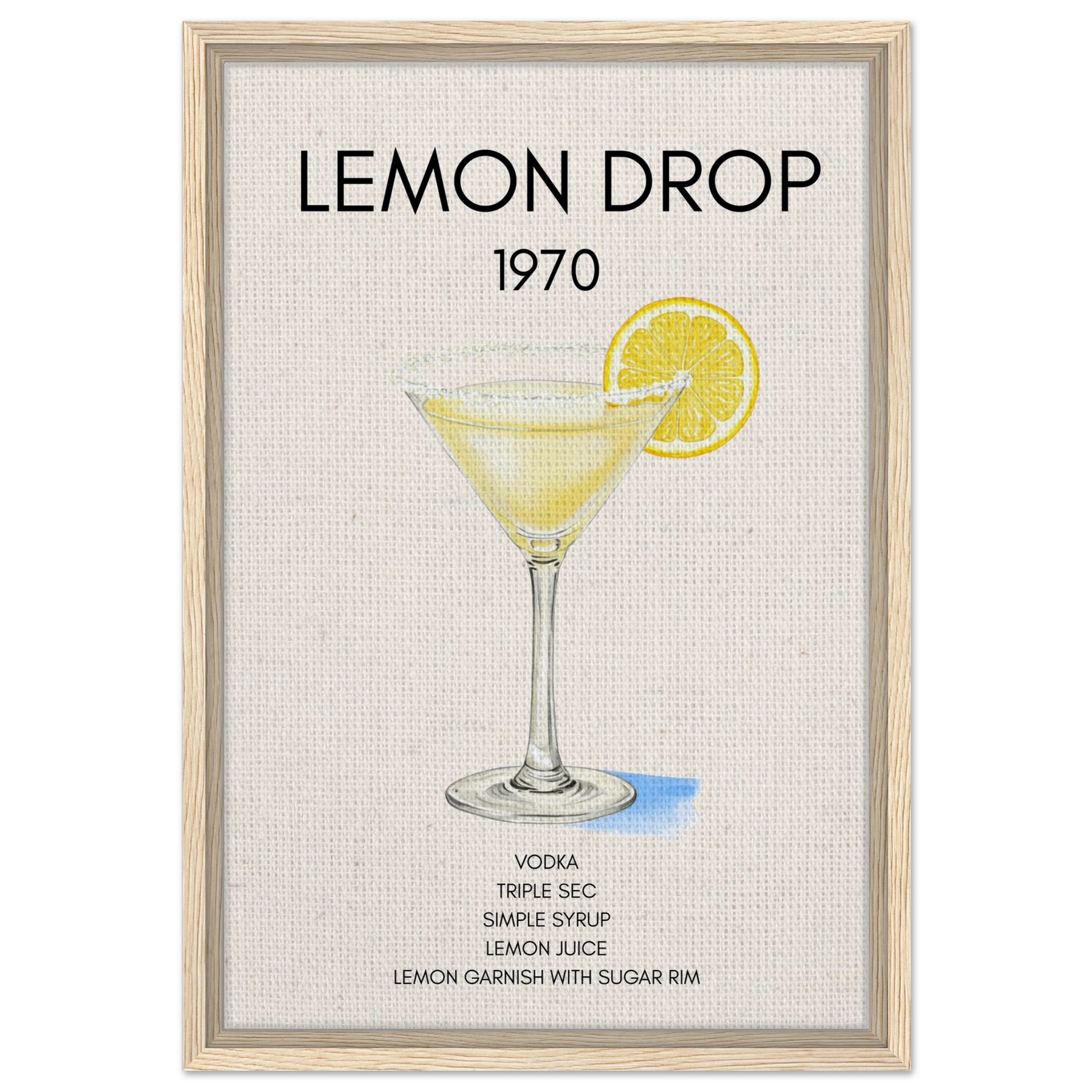 Lemon Drop Martini Cocktail Bar Art Print Light Wood Frame 40x60 cm 16x24″ Framed Canvas